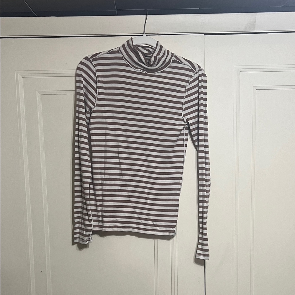 Free People Striped Brown and White Turtleneck Top